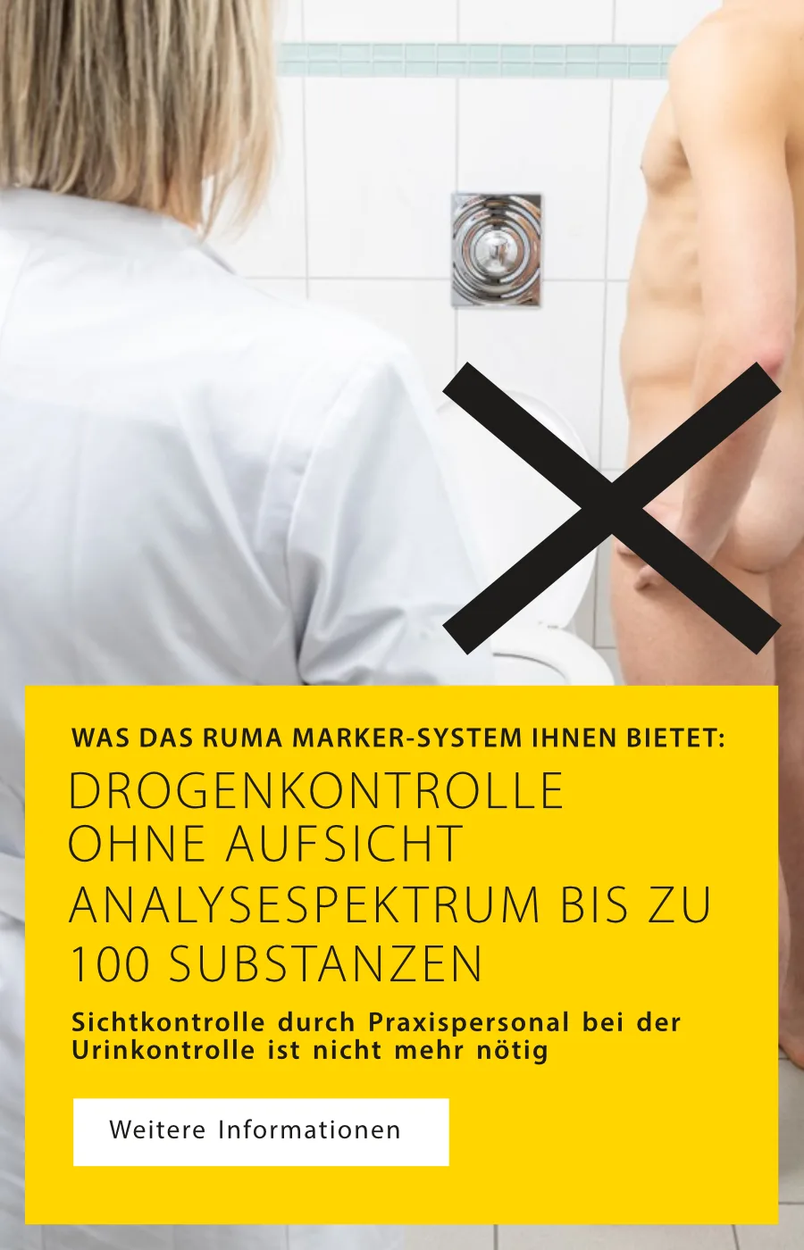 Drogenkontrolle ohne AUfsicht, ein Analysesprektrum bis zu 100 Substanzen. Sichtkontrolle durch das Praxispersonal bei der Urinkontrolle nicht mehr nötig.